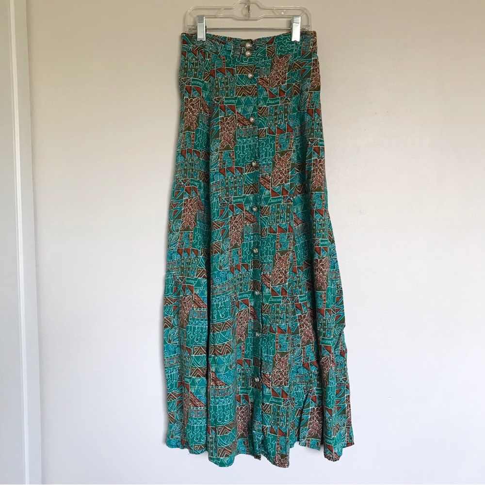 Eber San Francisco Vintage Teal Geometric Print Button Front Maxi Skirt Small